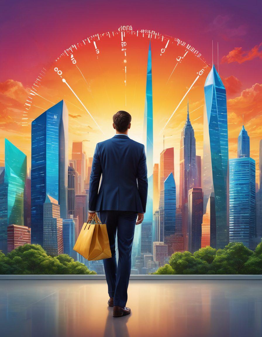 A confident person standing in front of a giant credit score gauge, looking determined and optimistic. Surround them with floating symbols of finance, like money bags, calculators, and charts showing growth. The background should feature a modern city skyline, symbolizing a bright financial future. Bright colors to evoke a sense of hope and optimism. super-realistic. vibrant colors. digital art.