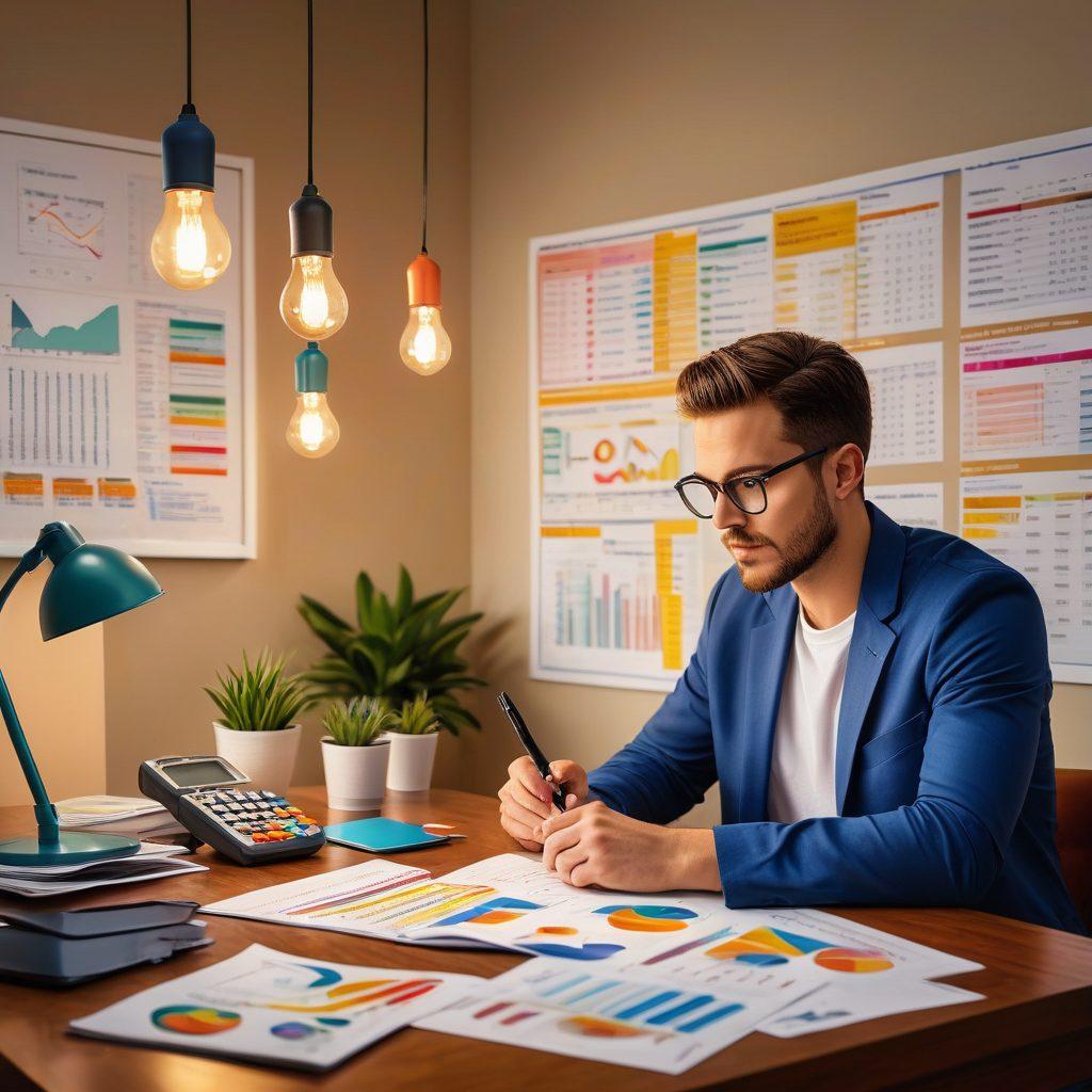 An engaging visual of a person examining their credit report with magnifying glasses, surrounded by calculators, charts depicting credit scores, and a light bulb symbolizing ideas and solutions. The background includes flowy dollar signs and a serene setting, conveying financial peace. The color palette should be warm and inviting, suggesting optimism and growth. vibrant colors. super-realistic.