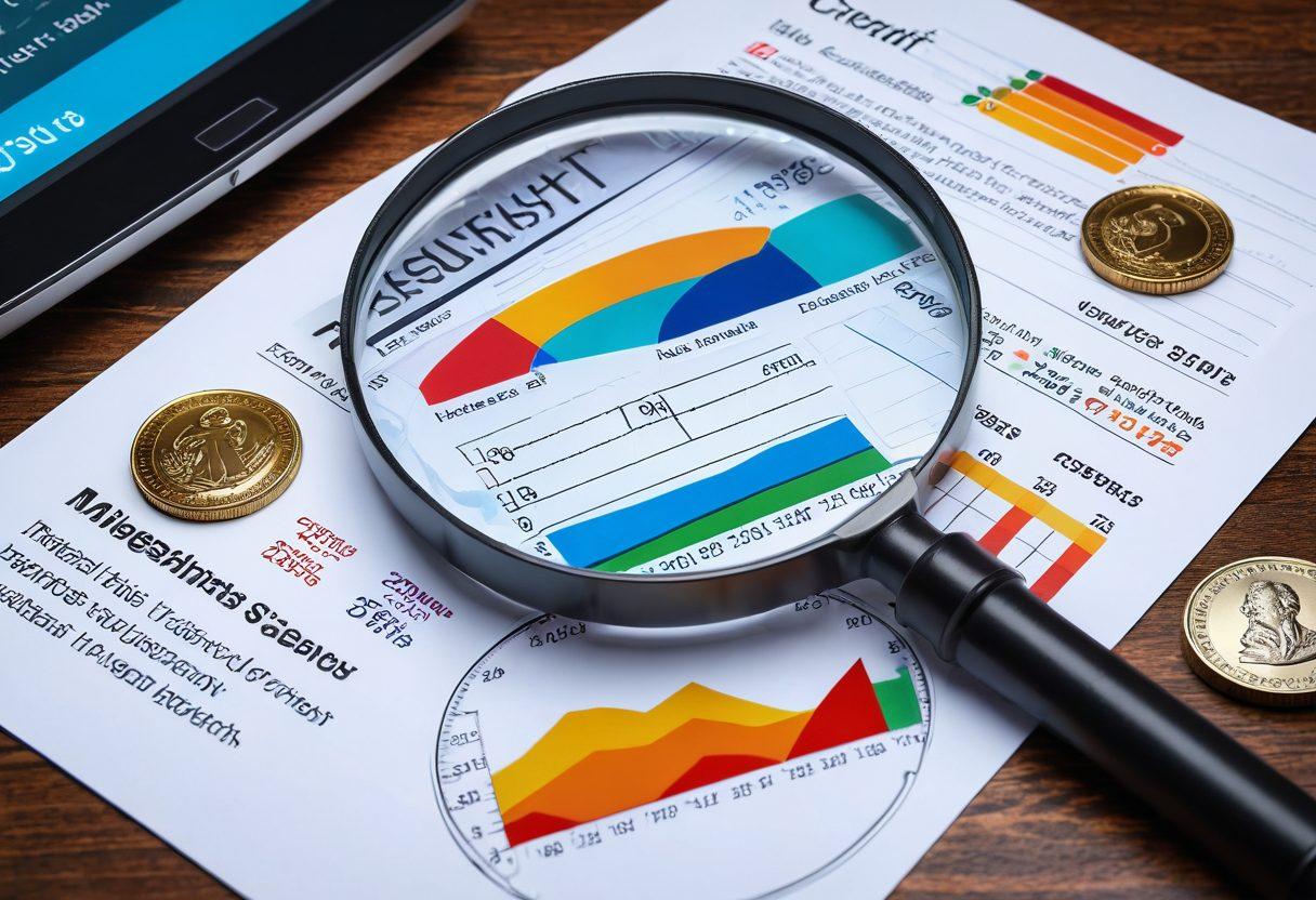 A vibrant collage depicting a magnifying glass over financial documents and credit scores, symbolizing deep analysis and secrets of credit monitoring. Include a glowing key unlocking a treasure chest filled with coins and a digital dashboard displaying analytics. Incorporate elements like charts, graphs, and a light bulb for ideas, all set against a sleek, professional background. super-realistic. vibrant colors. 3D.